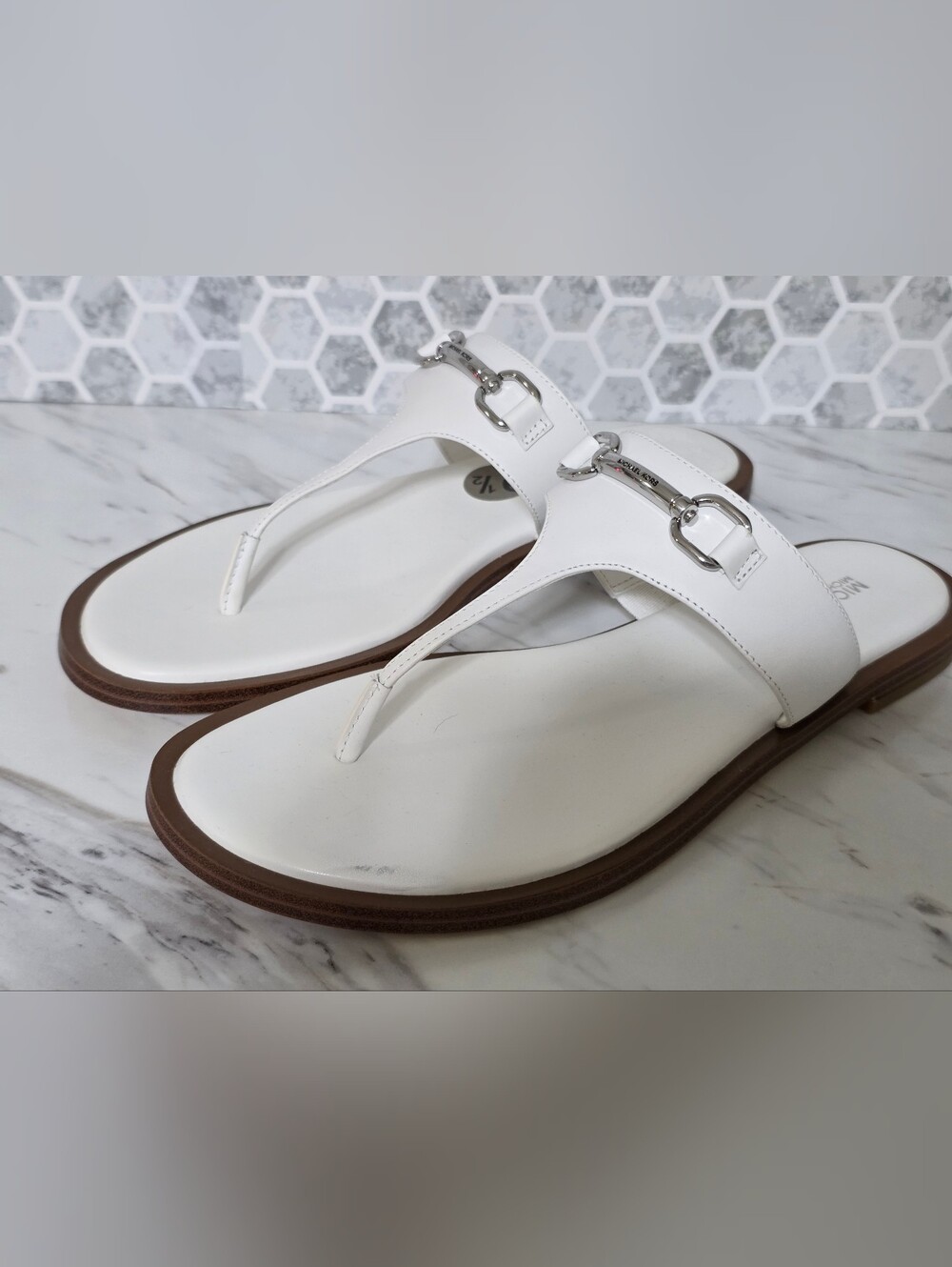 Michael Kors White Leather Thong Sandals with Silver Buckle